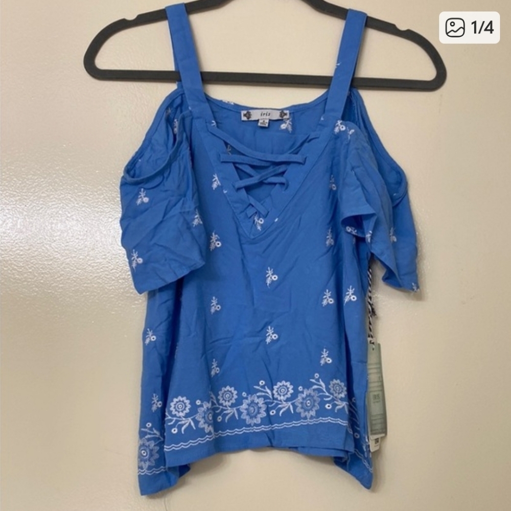 Blue Embroidered Floral Cold Shoulder Blouse - Iris
